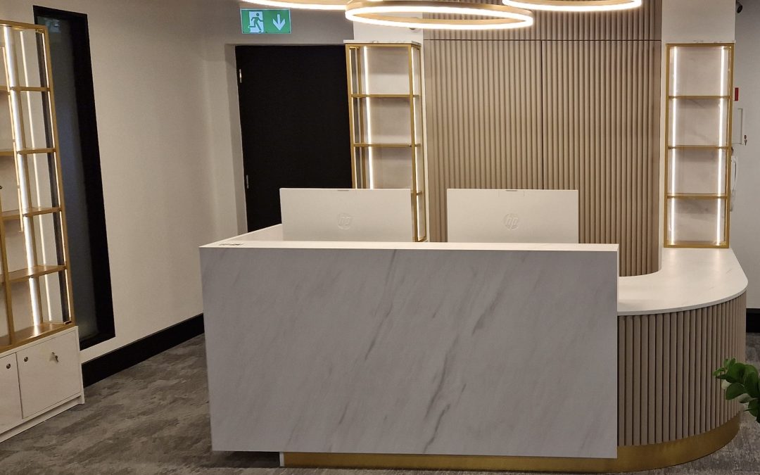 Sleek, Modern Reception Desk & Display Cabinets